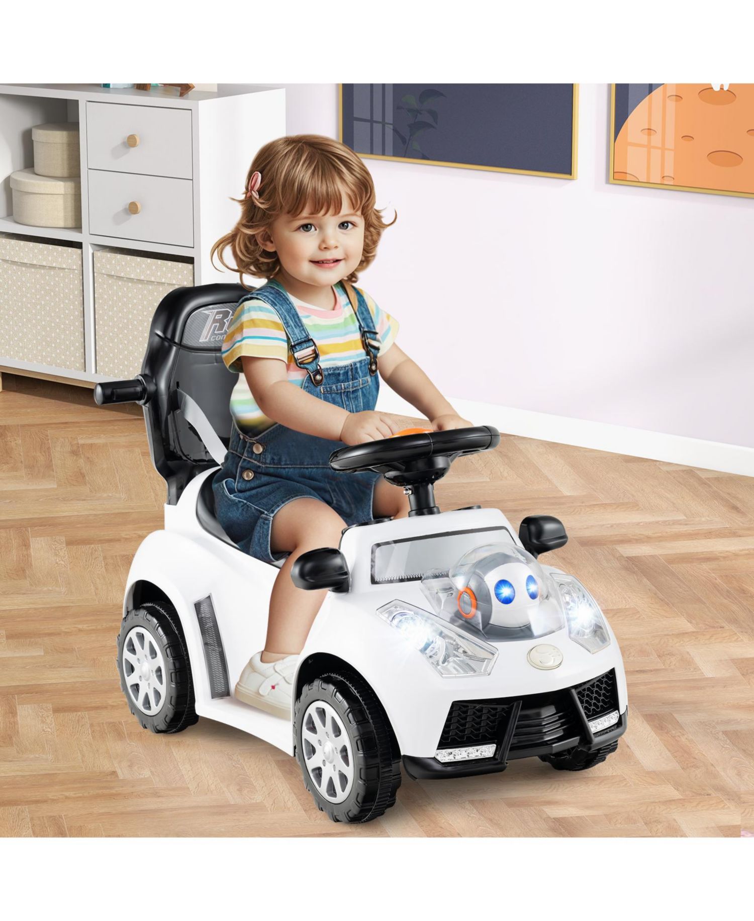 3-in-1 Sliding Walker w/ Adjustable Canopy Horn Music & Light for Boys & Girls