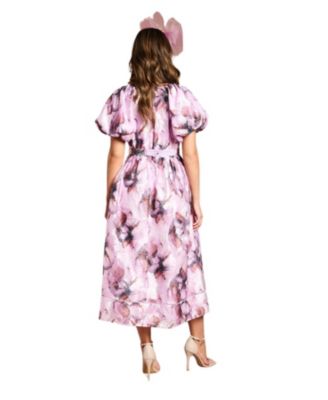 Women's Short Puff Sleeve Belted Midi Dress