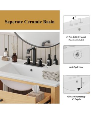 36" Rattan Bathroom Vanity with Ceramic Sink, Soft-Close Doors & Large Storage, Free-Standing Solid Wood Design, Natural