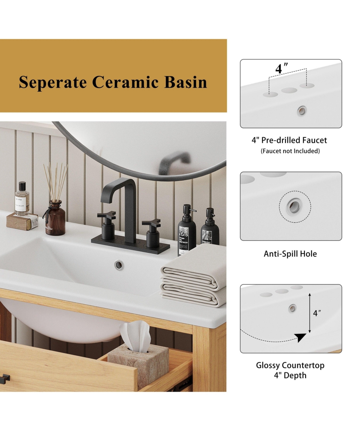 Boyel Living 36" Rattan Bathroom Vanity with Ceramic Sink, Soft-Close Doors & Large Storage, Free-Standing Solid Wood Design, Natural