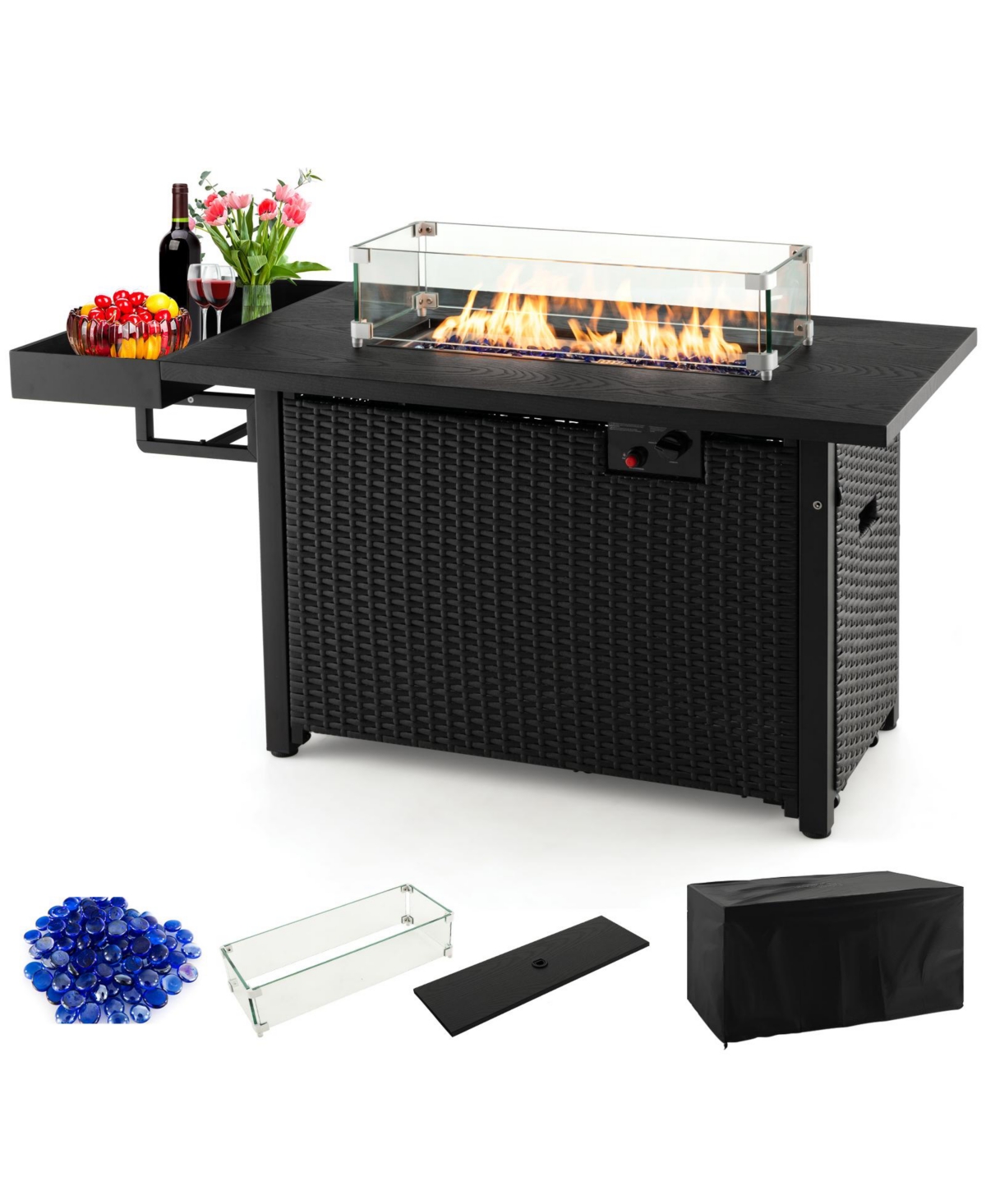 52 Inches Outdoor Wicker Gas Fire Pit Propane Fire Table with Cover - Black