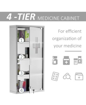 Wall Mounted Medicine Cabinet Locking Storage Cabinet with 4 Tier Shelves Stainless Steel Frame Glass Door