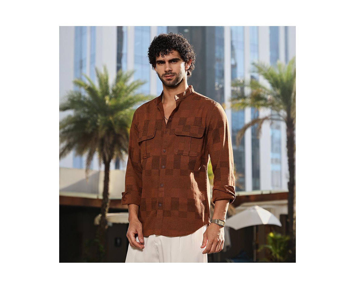 Men's Russet Brown Mandarin Utility Shirt