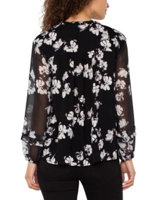 Women's Long-Sleeve Popover Shirred Woven Blouse