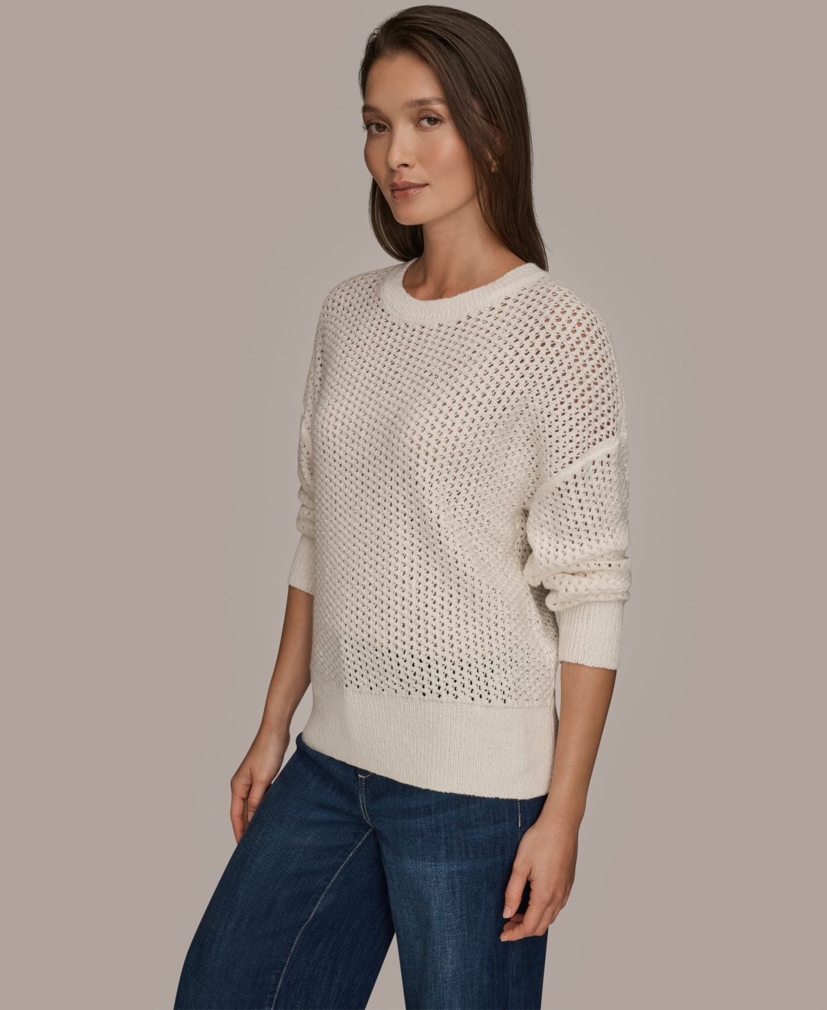 Donna Karan Weekend Women's Open Stitch Crewneck Sweater In White