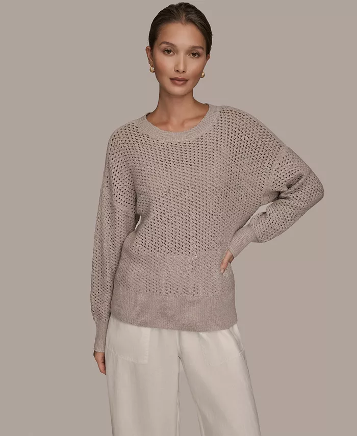 Women's Bracelet Sleeve Open Stitch Cotton Blend Crewneck Sweater