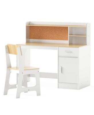 Kids Study Desk and Chair Set Wooden Children Writing Table with Shelves &amp; Drawer