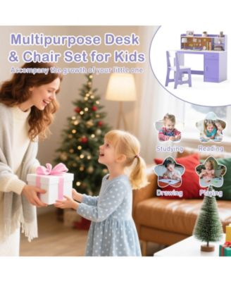 Kids Study Desk and Chair Set Wooden Children Writing Table with Shelves & Drawer