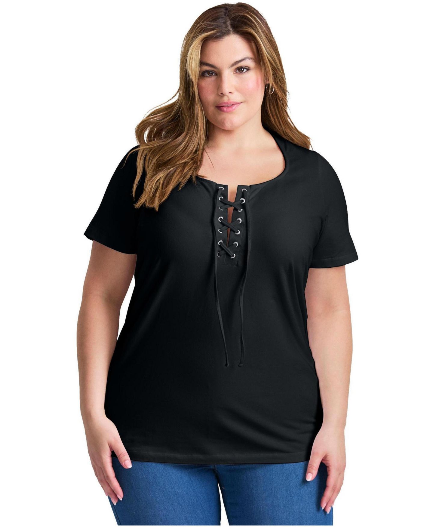 Женская футболка Avenue Plus Size Lacing Detail Tunic, цвет: Чёрный — фото 1