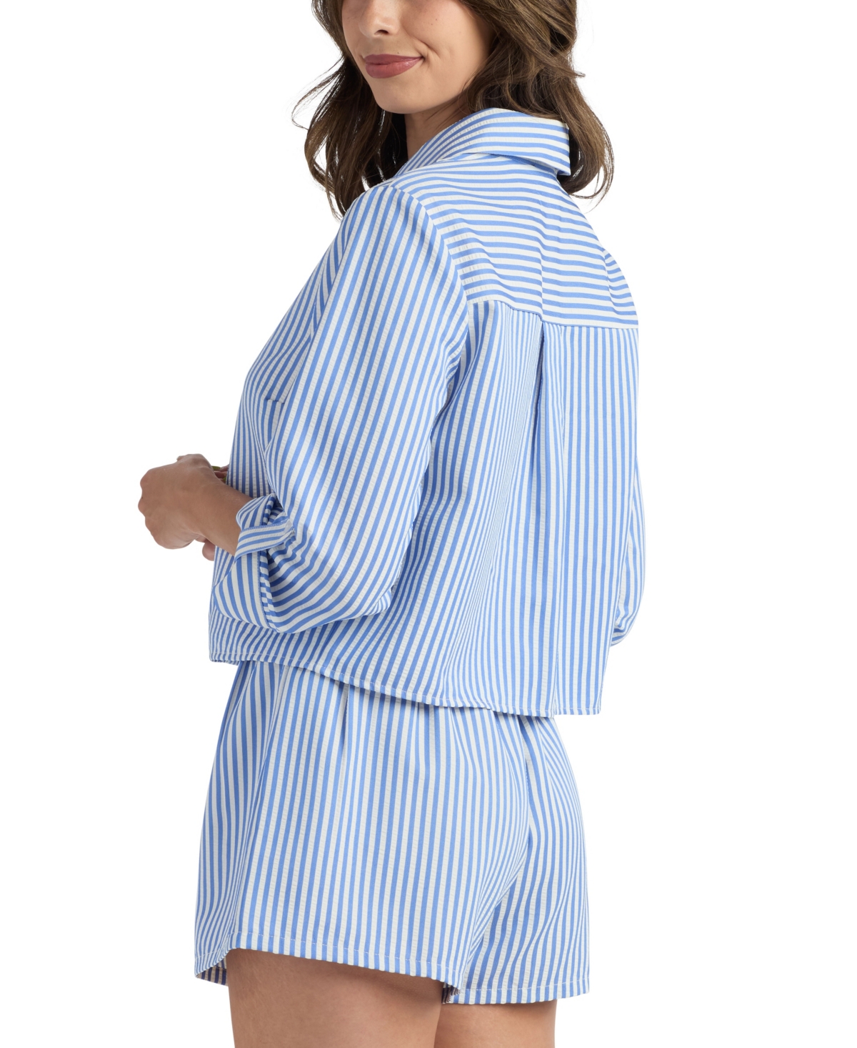 Bcx Juniors' Striped Crop Collared Shirt In Blue