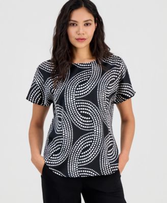 Anne Klein - Women's Printed Bateau-Neck Short-Sleeve Top