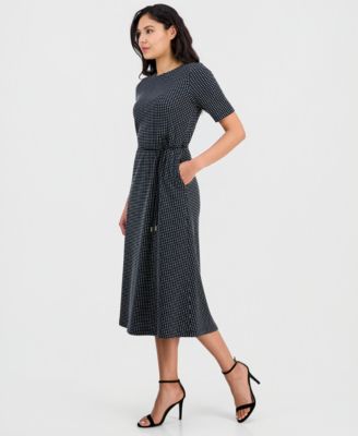 Women's Elbow-Sleeve Tie-Waist Midi Dress