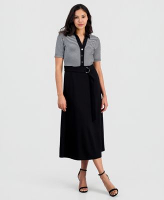 Anne Klein - Women's Collared Combo A-Line Midi Dress
