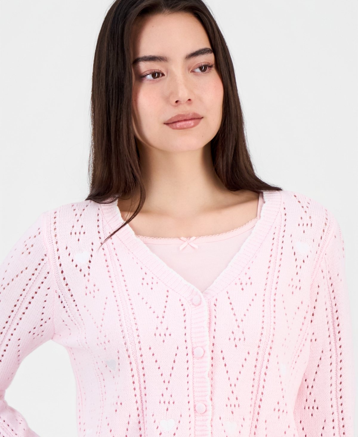 Hooked Up by Iot Juniors' Pointelle Embroidered Cardigan