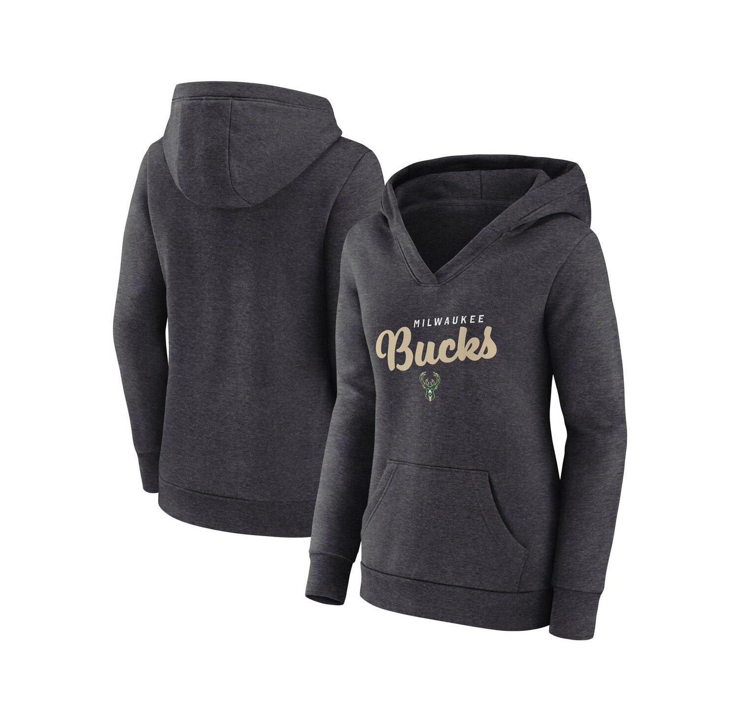 Women's Heather Charcoal Milwaukee Bucks Triumphant V-Neck Pullover Hoodie