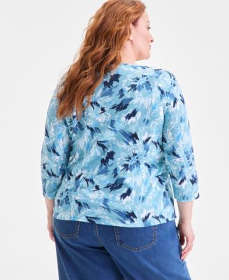 Plus Size Printed Henley 3/4-Sleeve Top