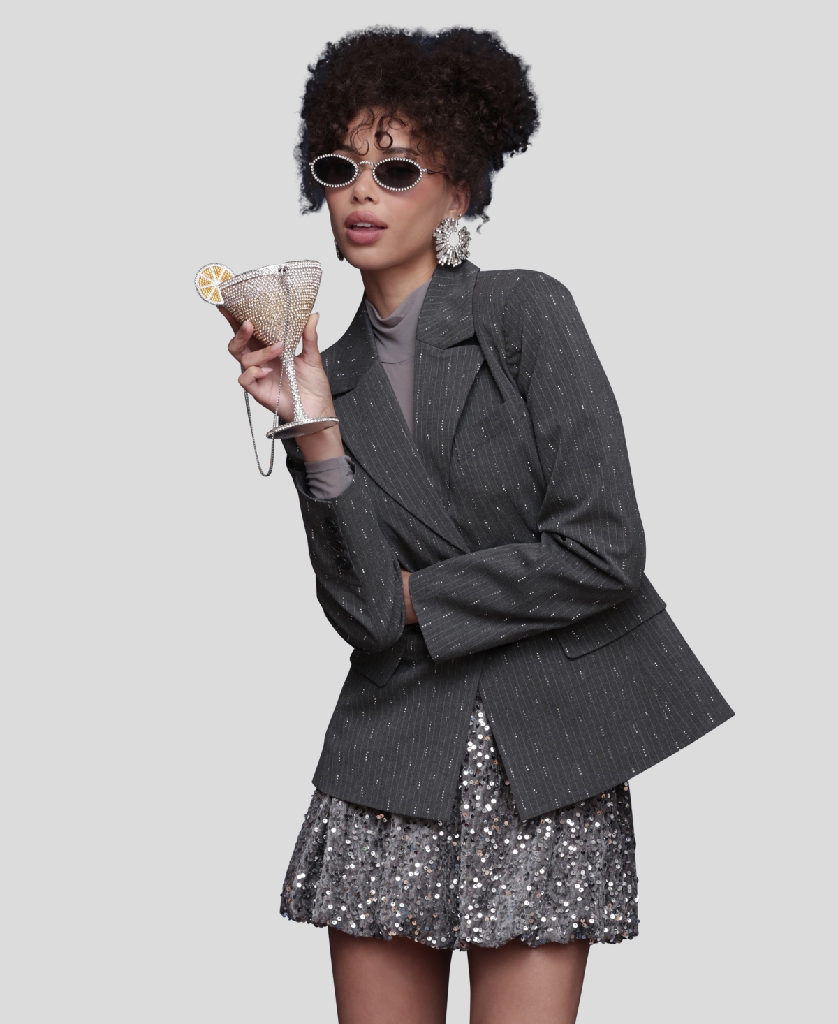 Avec Les Filles Rhinestone Detail Pinstripe Blazer In Gray