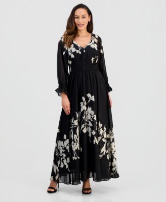 Women's Pleated Long-Sleeve Chiffon Midi Dress