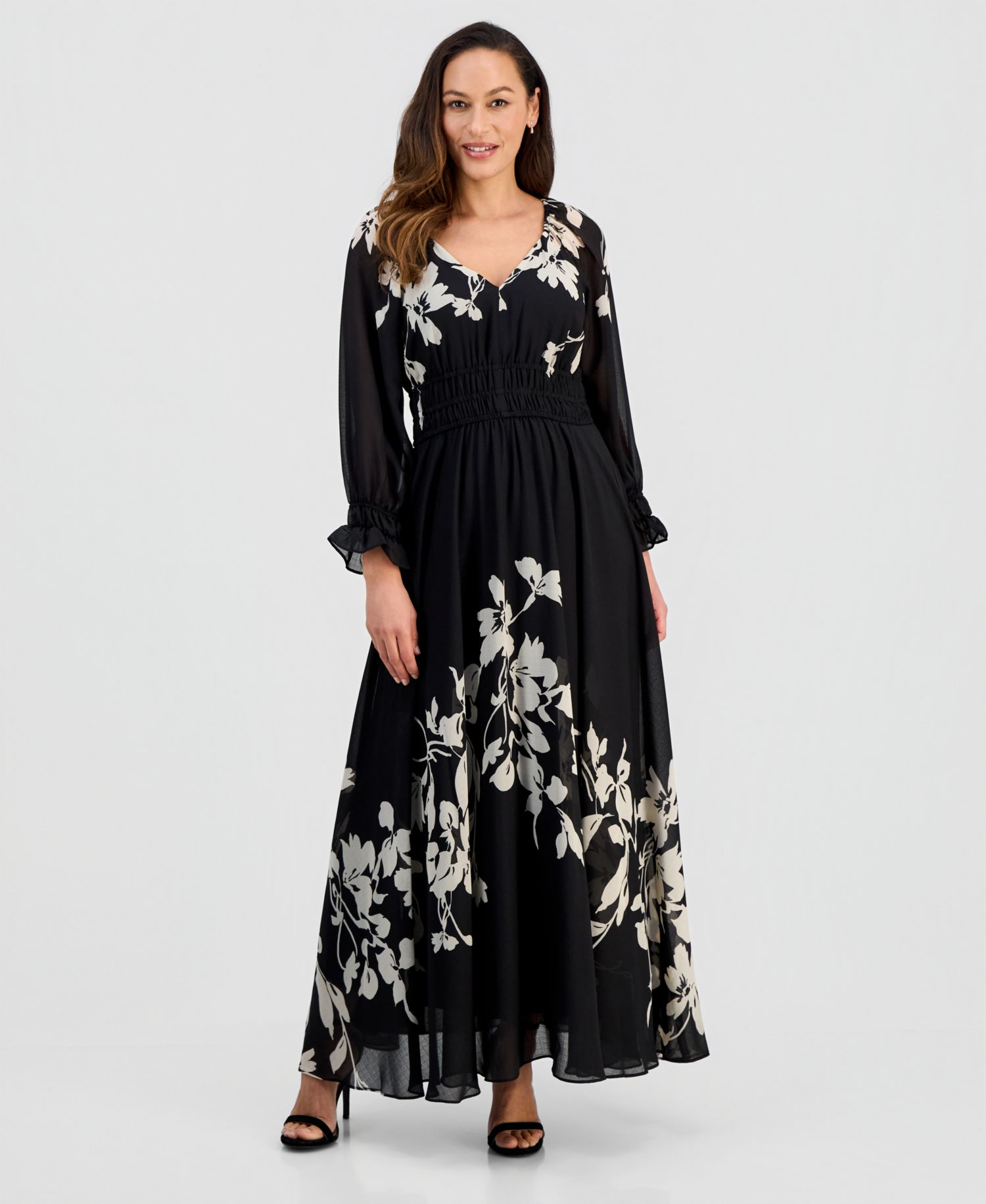Women's Pleated Long-Sleeve Chiffon Dress