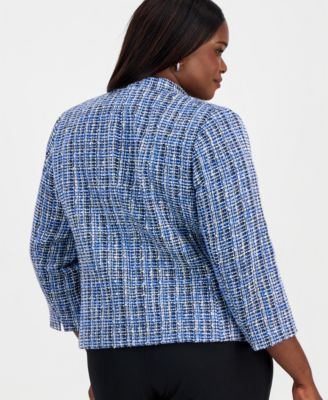 Plus Size Open-Front 3/4-Sleeve Tweed Cardigan