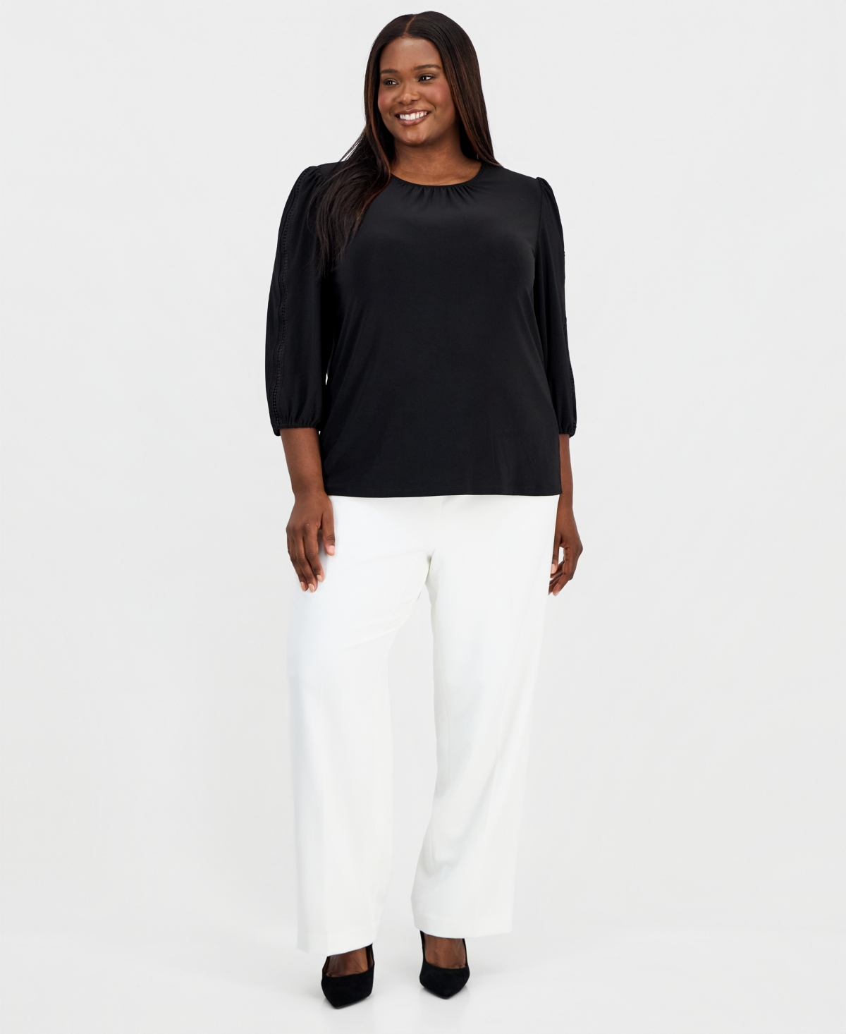 Kasper Plus Crochet-Trim 3/4-Sleeve Top