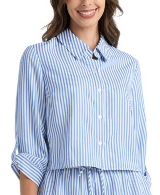 Juniors' Striped Cropped Collared Shirt