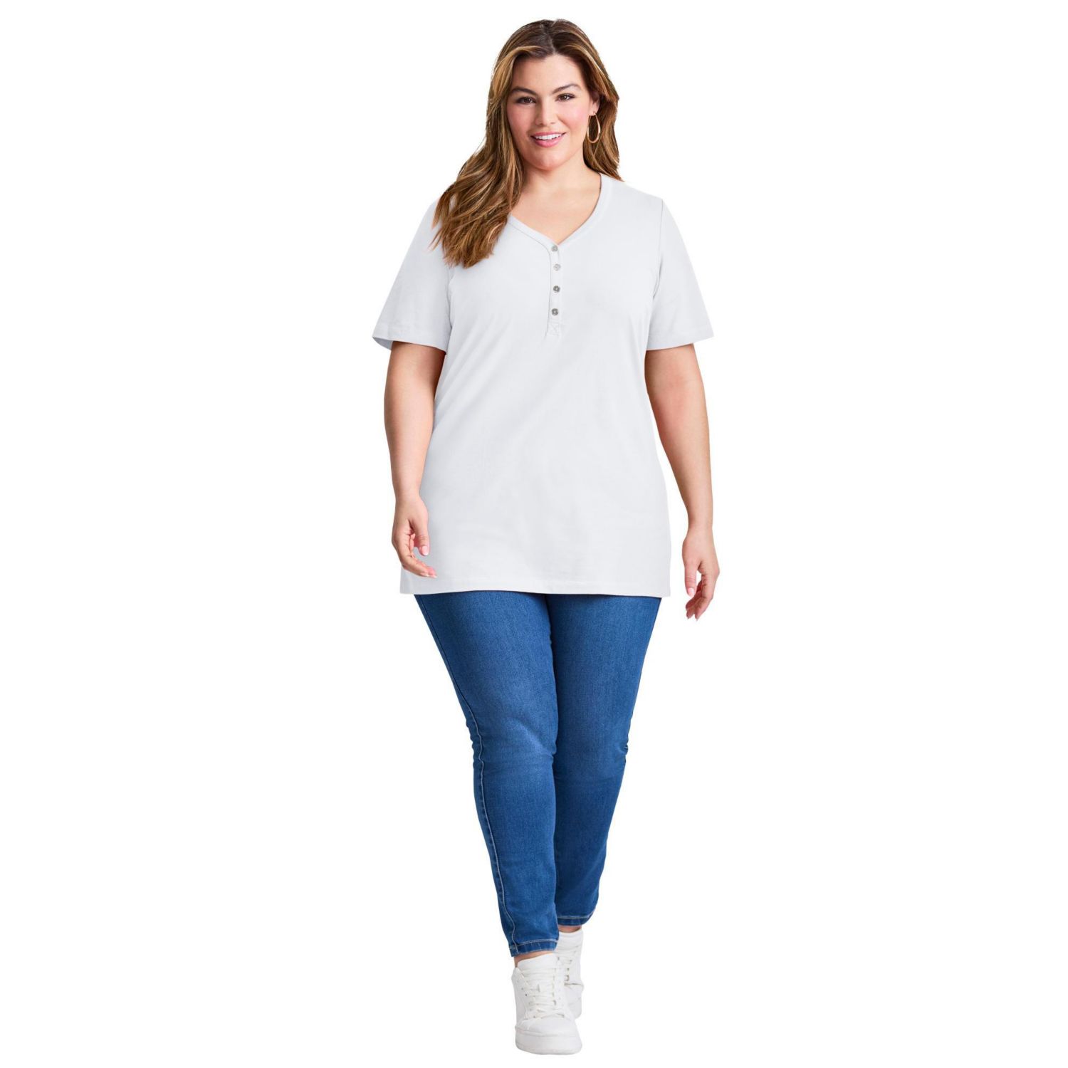 Women's Plus Size Short Sleeve Henley Tunic Top
