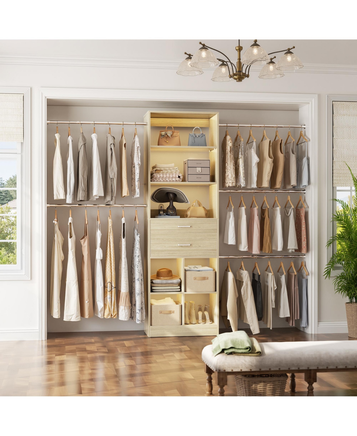 Aheaplus 4-8 Ft Walk-in Adjustable Closet Organizer System with 2 Drawers and 5 Rods, Fits 60-96'' Closets