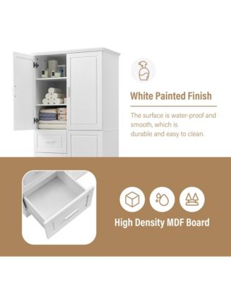 Tall and Wide Storage Cabinet with Doors and Three Drawers White Freestanding Organizer for Bathroom Office and Living Room