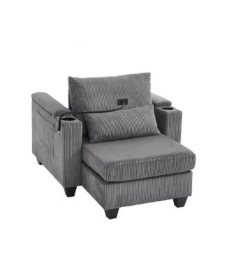 Convertible Chaise Lounge 37.4 Inches Sofa Chair Sofa Bed Corduroy Sleeper with USB Ports , Two Cup Holders, Phone Holder and Ample Storage Space