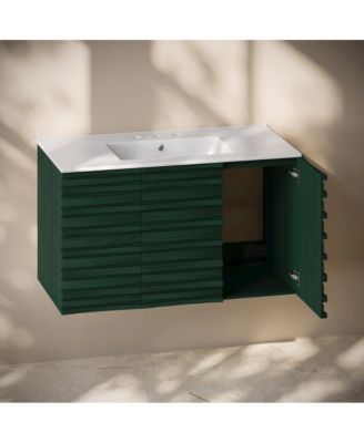 36 "  Wall-Mounted Bathroom Vanity in Green Oak with 3-Hole Widespread Sink Top