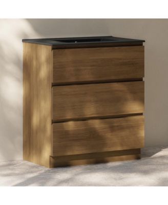 Liberte 30" Freestanding Bathroom Vanity in Brown Oak with Black Sink Top