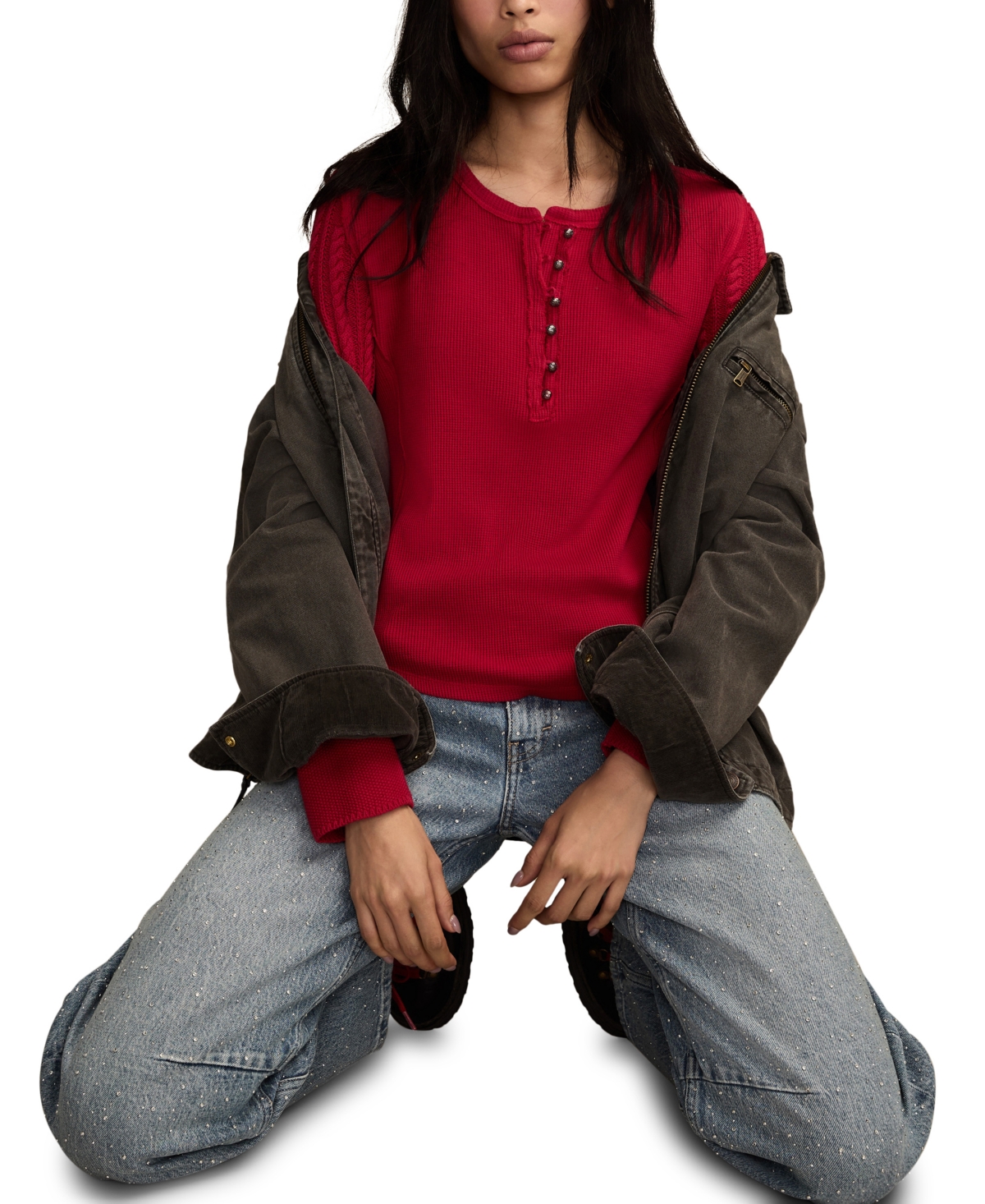 Lucky Brand Women's Textured Long-Sleeve Henley Top