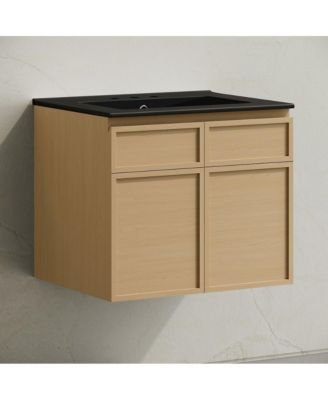 24" Wall-Mounted Bathroom Vanity, Natural Oak, Black 3-Hole Widespread Sink Top