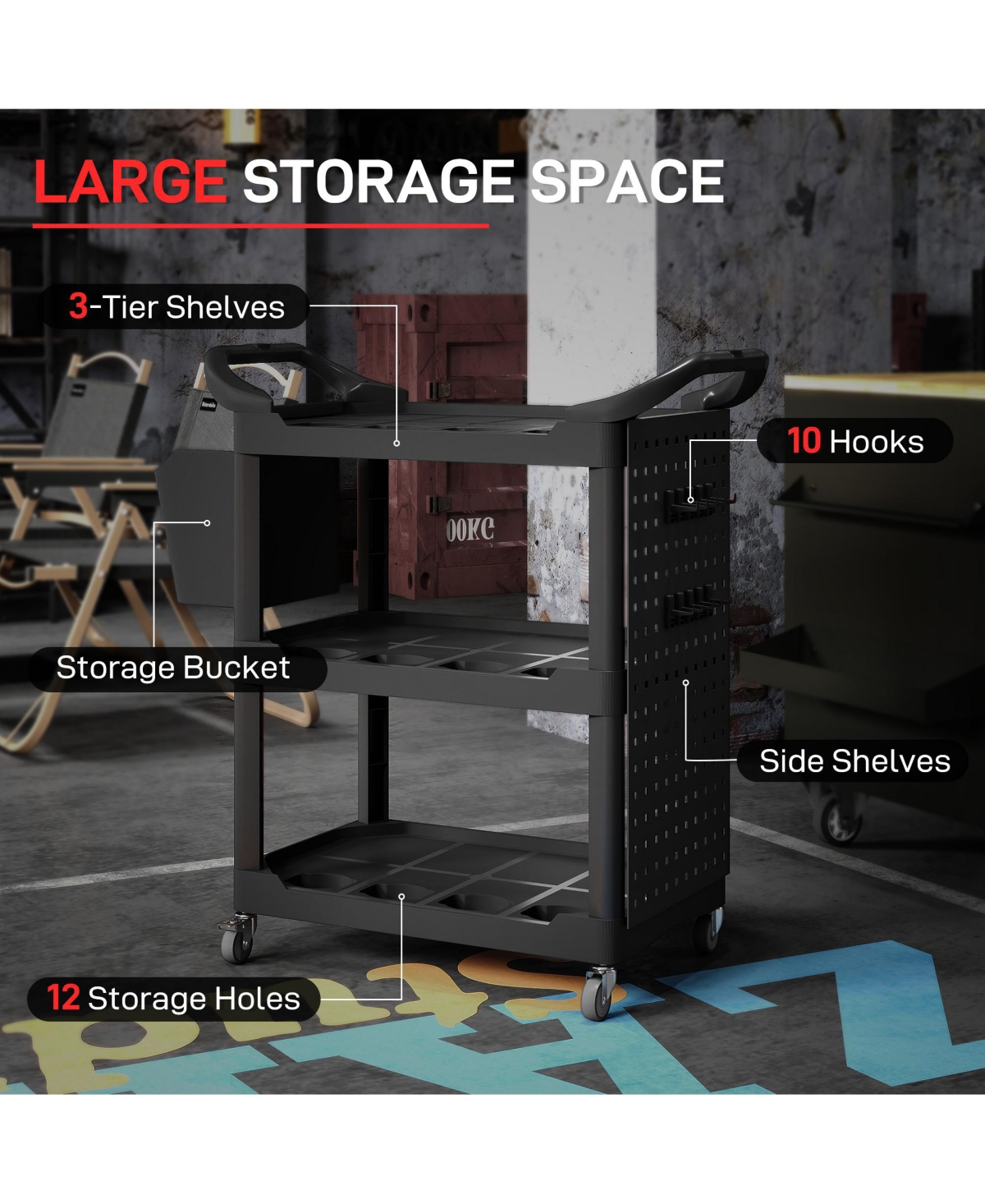 Homcom 3-Tier Rolling Tool Cart, Utility Cart with Side Shelf & Hook