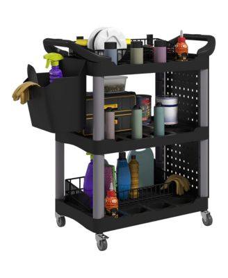 3-Tier Rolling Tool Cart, Utility Cart with Side Shelf and Hook