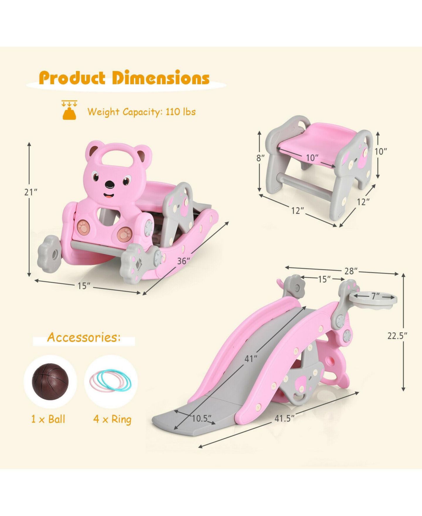 Детский игровой набор Mecale 4-in-1 Toddler Slide and Rocking Horse Playset with Basketball Hoop, Ages 1-5, цвет: Розовый — фото 3