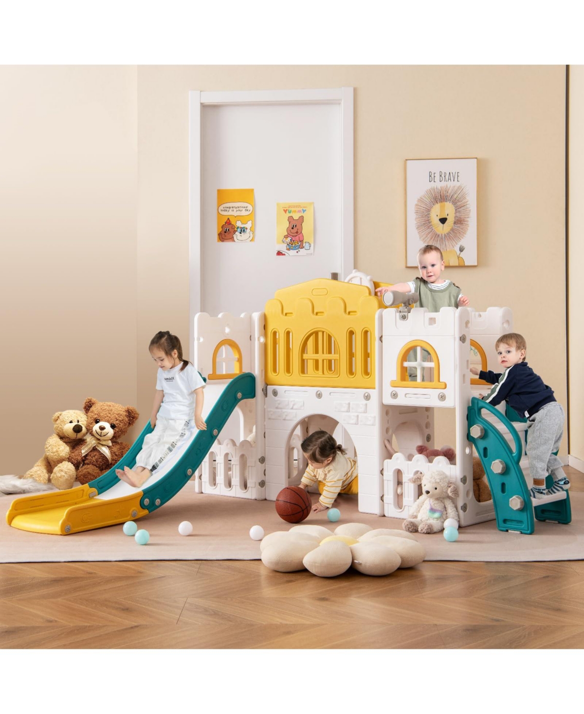 All-in-1 Toddler Slide Playset Playground with Tunnel and Ladder and Basketball