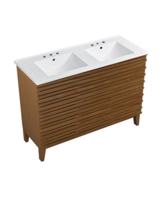 48 in. Brown Oak, Double Basin Bathroom Vanity, White, 3-Hole Ceramic Sink Top