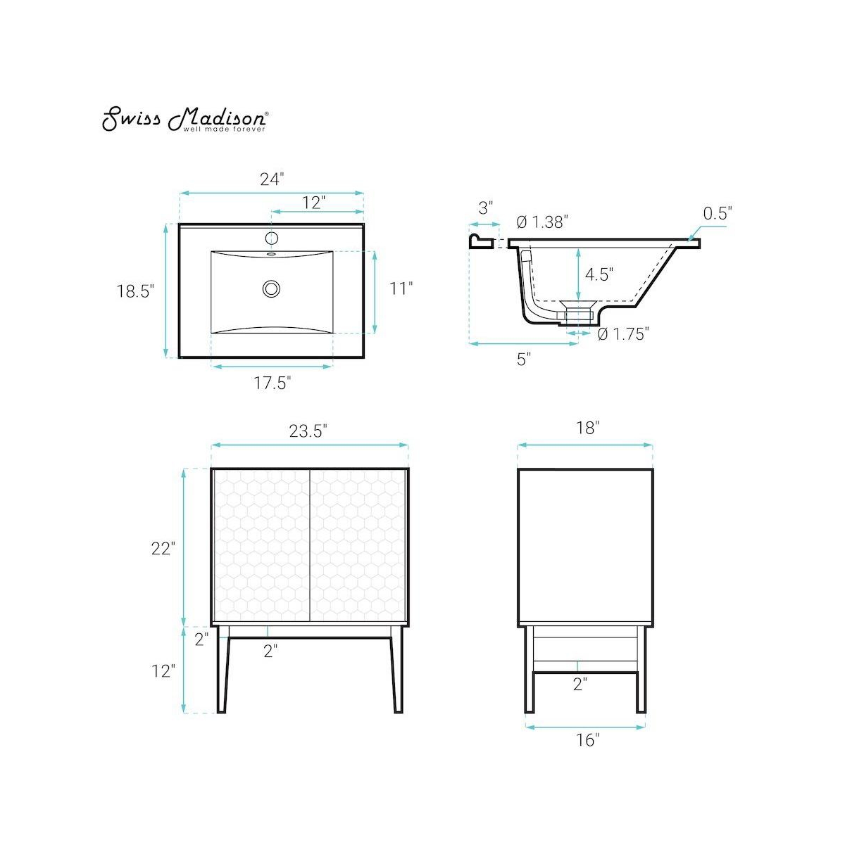 Swiss Madison Bosse 24" Freestanding Bathroom Vanity in Black Oak with Sink Top