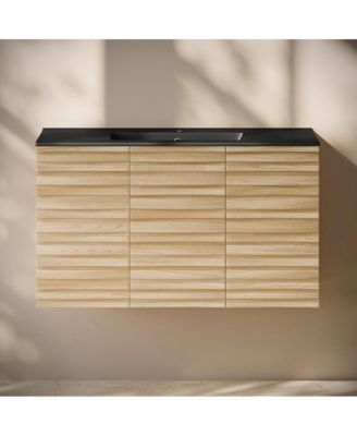 Cascade 36" Wall-Mounted Bathroom Vanity in Natural Oak with Black Sink Top