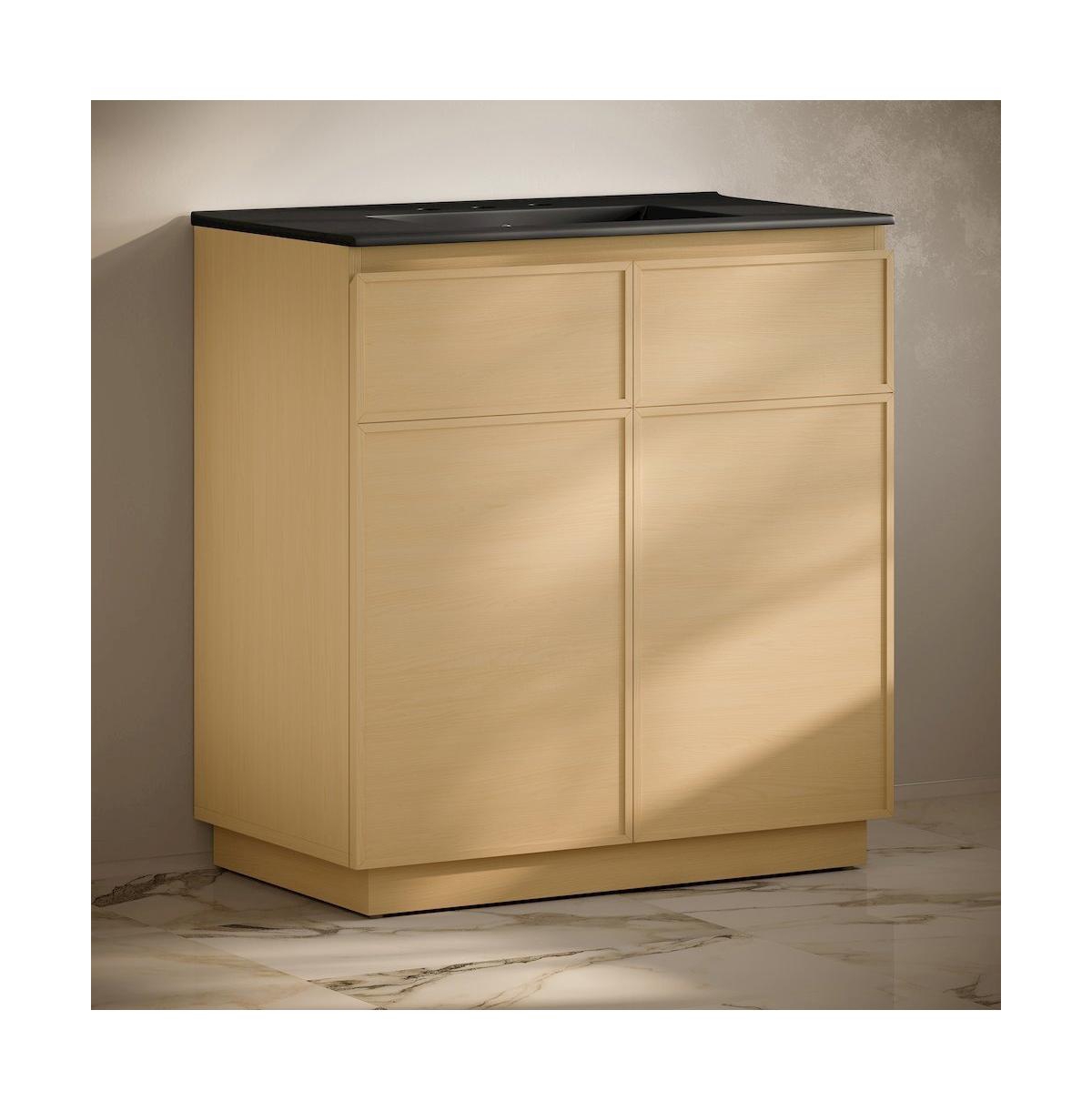 Swiss Madison 36" Freestanding Bathroom Vanity, Natural Oak, Black 3-Hole Widespread Sink Top