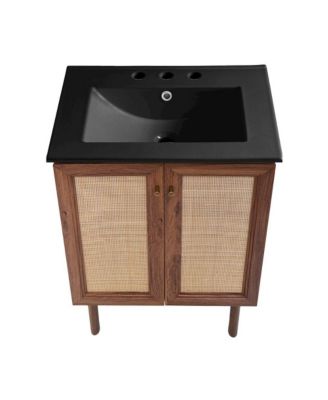 24" Freestanding Bathroom Vanity in Brown Oak, Black 3-Hole Centerset Sink Top