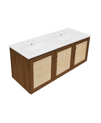 48" Wall-Mounted Bathroom Vanity, 3-Hole Widespread Double Basin Sink Top