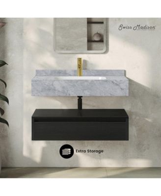 Avancer 36" Wall-Mounted Bathroom Vanity in Black Oak with Storm Gray Sink Top