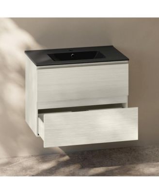 Liberte 30" Wall-Mounted Bathroom Vanity in White Oak with Black Sink Top