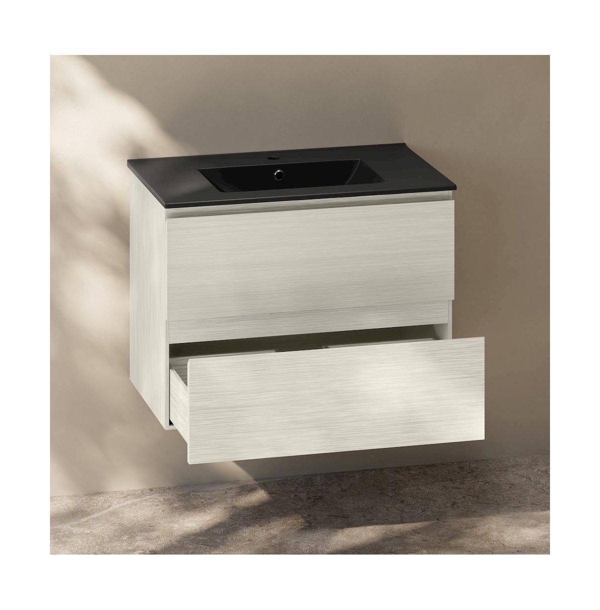 Liberte 30" Wall-Mounted Bathroom Vanity in White Oak with Black Sink Top