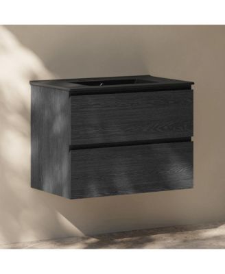 30" Wall-Mounted Bathroom Vanity in Black Oak, Black 3-Hole Widespread Sink Top