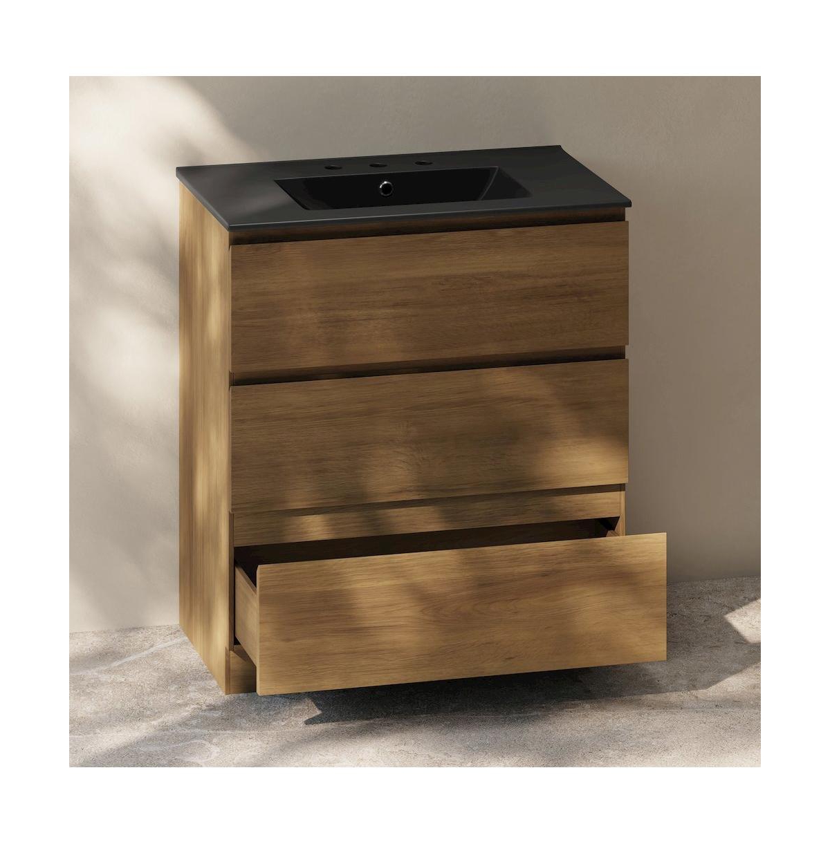 Swiss Madison30" Freestanding Bathroom Vanity in Brown Oak, Black 3-Hole Widespread Sink Top