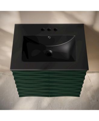 24" Wall-Mounted Bathroom Vanity in Green Oak, Black 3-Hole Centerset Sink Top
